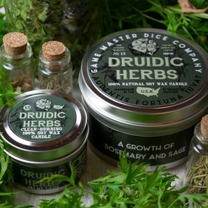 Druidic Herbs Gaming Candle | Geek Gift | RPG | Gamer | DND | Sage | Rosemary | Herbal | Pine | Druid | 20oz | 8oz | 2oz | Wax Melts image 1