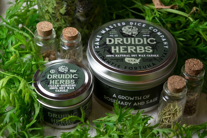 Druidic Herbs Gaming Candle | Geek Gift | RPG | Gamer | DND | Sage | Rosemary | Herbal | Pine | Druid | 20oz | 8oz | 2oz | Wax Melts image 1