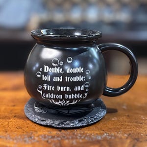 Toil and Trouble Cauldron Mug | Ceramic Black Cauldron Mug | Laser-Engraved with Witchy Words from Shakespeare's Macbeth