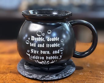 Toil and Trouble Cauldron Mug | Ceramic Black Cauldron Mug | Laser-Engraved with Witchy Words from Shakespeare's Macbeth