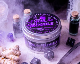 May include: A silver candle tin with a purple label that reads "Toil and Trouble" and "Audentis Fortuna Juvat". The candle is a soy wax candle and is handmade in the USA. The candle is surrounded by dice, ginger root, and small glass bottles.