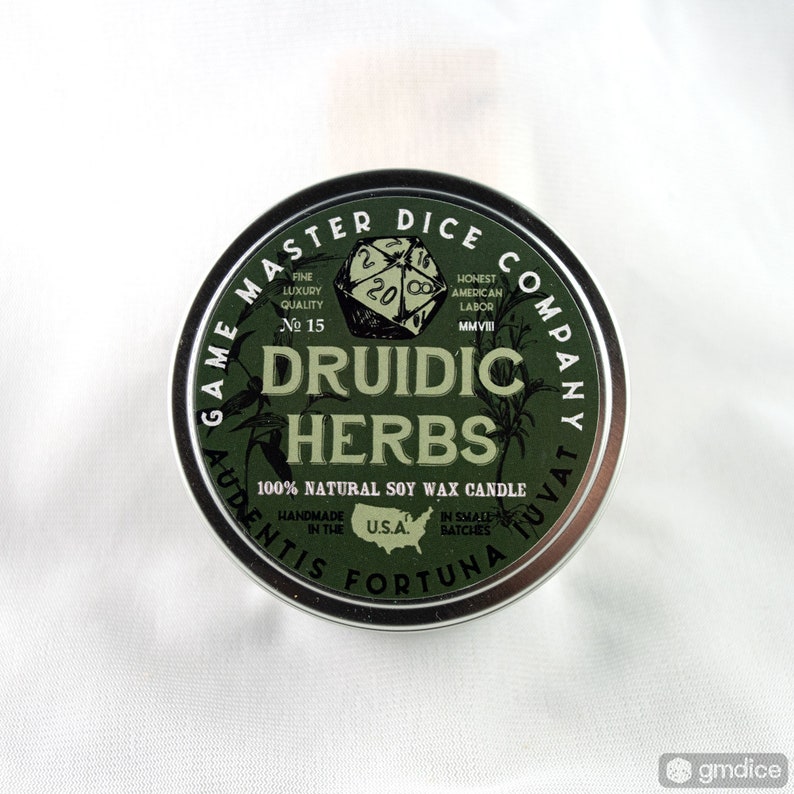 Druidic Herbs Gaming Candle | Geek Gift | RPG | Gamer | DND | Sage | Rosemary | Herbal | Pine | Druid | 20oz | 8oz | 2oz | Wax Melts 8 oz Tin