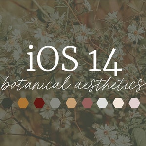 Może przedstawiać: Wzór kwiatowy z tekstem "iOS 14 botanical aesthetics" w kolorze białym. Pod tekstem znajduje się paleta kolorów składająca się z 8 sześciokątów, w odcieniach szarego, brązowego, czerwonego i beżowego.