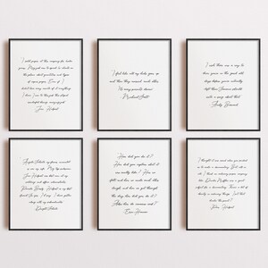 May include: Six black framed prints with white backgrounds and black text. The prints feature quotes from various authors, including Andy Bernard, Ernest Hemingway, and J.K. Rowling.