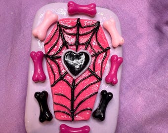 spooky cute altoids tin wallet with clay Halloween coffin and spiderweb designs-pastel goth accessories altoids tin wallet
