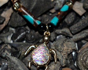 Turtle/Mermaid Scale Charm Bracelet, With Imperial Jasper, Gold Spacers, Black Agate, Real Stone, Tie Stretchy bracelet.