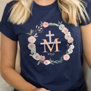 Marian Catholic T-Shirt, Virgin Mary T-Shirt, Women&#39;s Catholic T-shirt, Marian Cross Shirt, Floral Women Religious Shirts