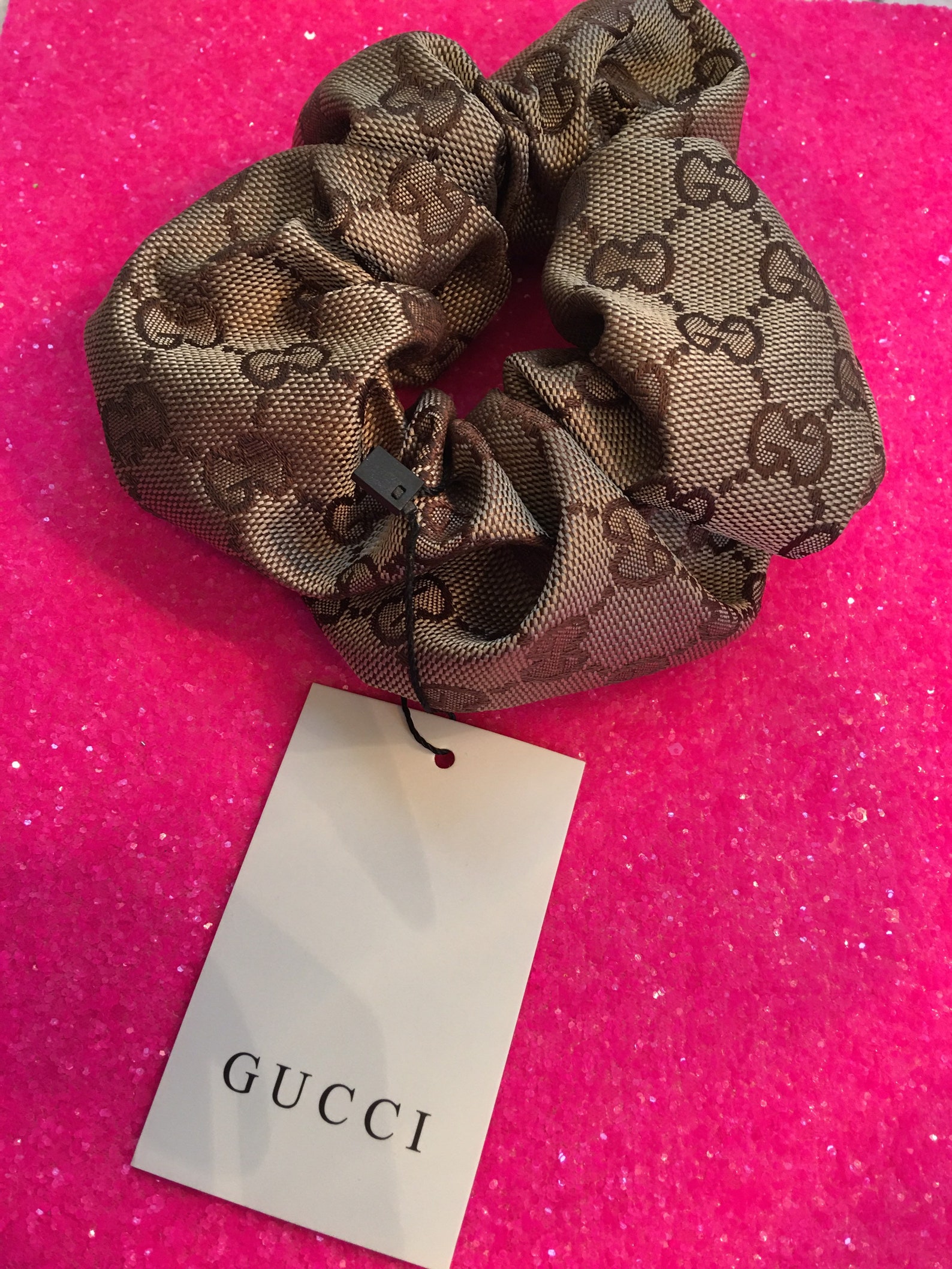 GG Designer upcycled Gucci brown hair scrunchie. Absolutely Etsy