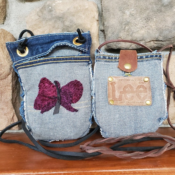 Upcycled Denim Jean Pocket Purse, cell phone bag, crossbody, small earth conscious minimalist purse with leather accents - extra-long straps