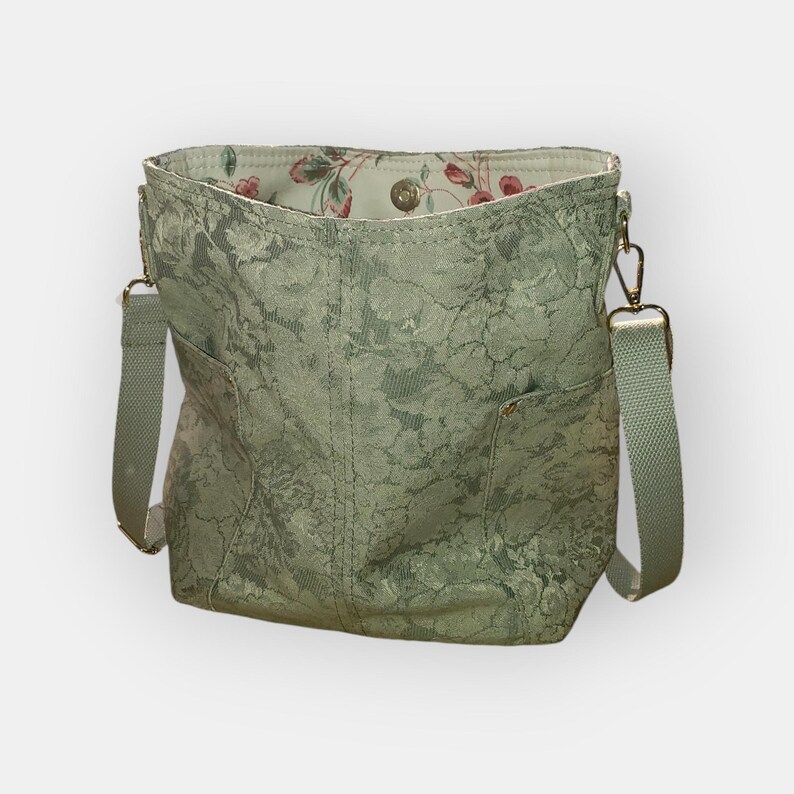 Sage Green Upholstery Fabric Bucket Bag, With Cotton Cream Lining