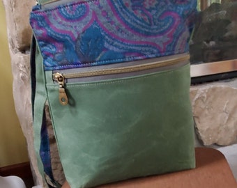 Army Green Waxed Canvas with paisley cotton denim print crossbody purse with adjustable strap, zip closure, and pockets - handmade in USA