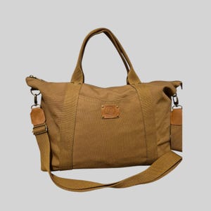 Large Brown Canvas Tote Bag: Zipper Top, Leather Accents, Ripstop Lining