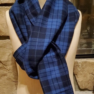 Blue Plaid Wool Infinity Scarf - Extra Long Flannel Scarf