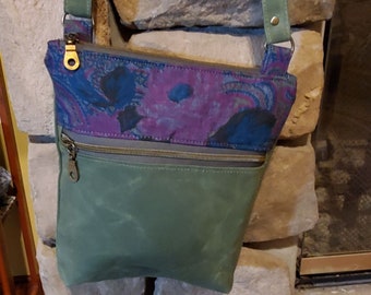 Army Green Waxed Canvas with paisley cotton denim print crossbody purse with adjustable strap, zip closure, and pockets - handmade in USA