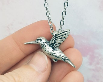 Hummingbird Pendant Necklace - Bird Jewelry - Silver plated Pewter - metal chain - 100%recycled metals - Made in  - READY TO SHIP