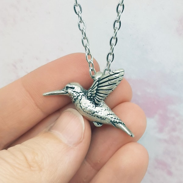 Hummingbird Pendant Necklace - Bird Jewelry - Silver plated Pewter - metal chain - 100%recycled metals - Made in  - READY TO SHIP