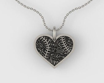 Fingerprint & Handwriting Baseball Heart Pendant Necklace - Sterling Silver- Mothers Pendant - Memorial Pendant - *SHIPS JULY 21*