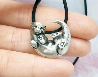 Otter Pendant Necklace - Sterling Silver - Otter Gift Made in usa - Solid Metal - birthday gift