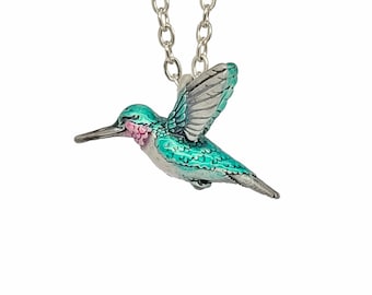 Hummingbird Pendant Necklace Enamel Painted - Pewter Metal - Made in usa - 3d sculpted - *SHIPS JULY 21*