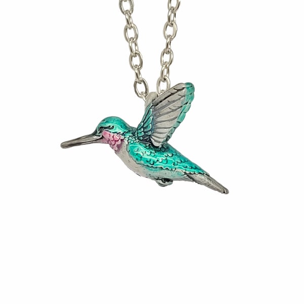 Hummingbird Pendant Necklace Enamel Painted - Pewter Metal - Made in usa - 3d sculpted - *SHIPS JULY 21*