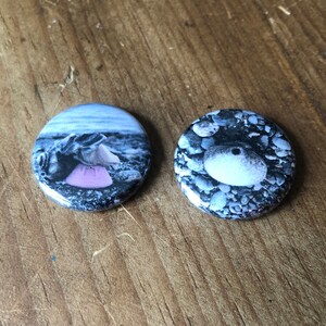 Op de afbeelding: Twee ronde knopen met zwart-wit afbeeldingen. De eerste knop heeft een zwart-wit afbeelding van een persoon in een roze jurk die op een strand staat. De tweede knop heeft een zwart-wit afbeelding van een ronde, gladde steen op een bedje van kleine, ronde stenen.