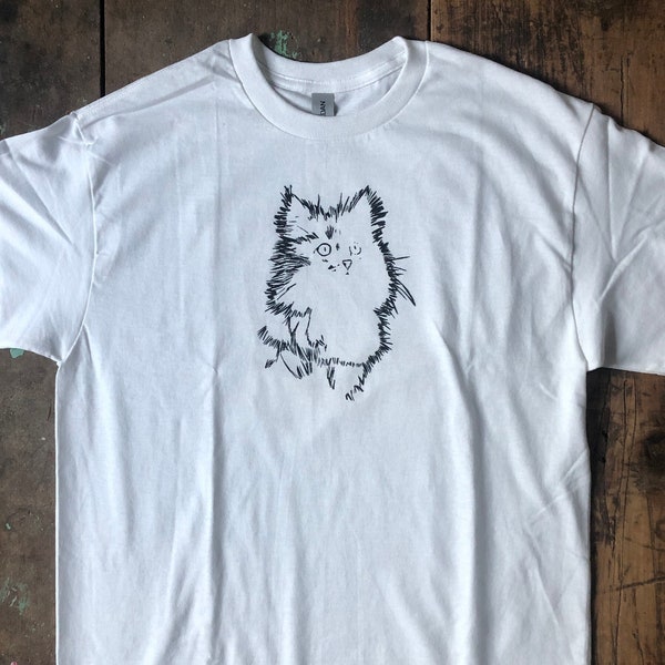 White + black - CLASSIC HB tee - white t-shirt with black screen printed image of a spooky cat (size: adult medium)