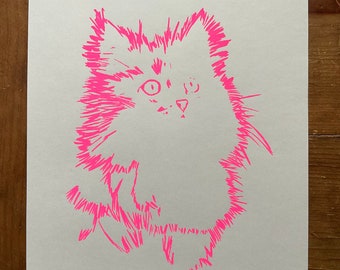 HB CELEBRATION PRINT - screen printed spooky cat image in pink ink