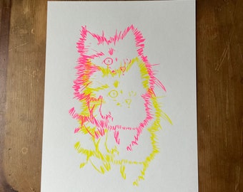 HB SUNSHINE PRINT - pink and yellow screen printed image of a spooky cat