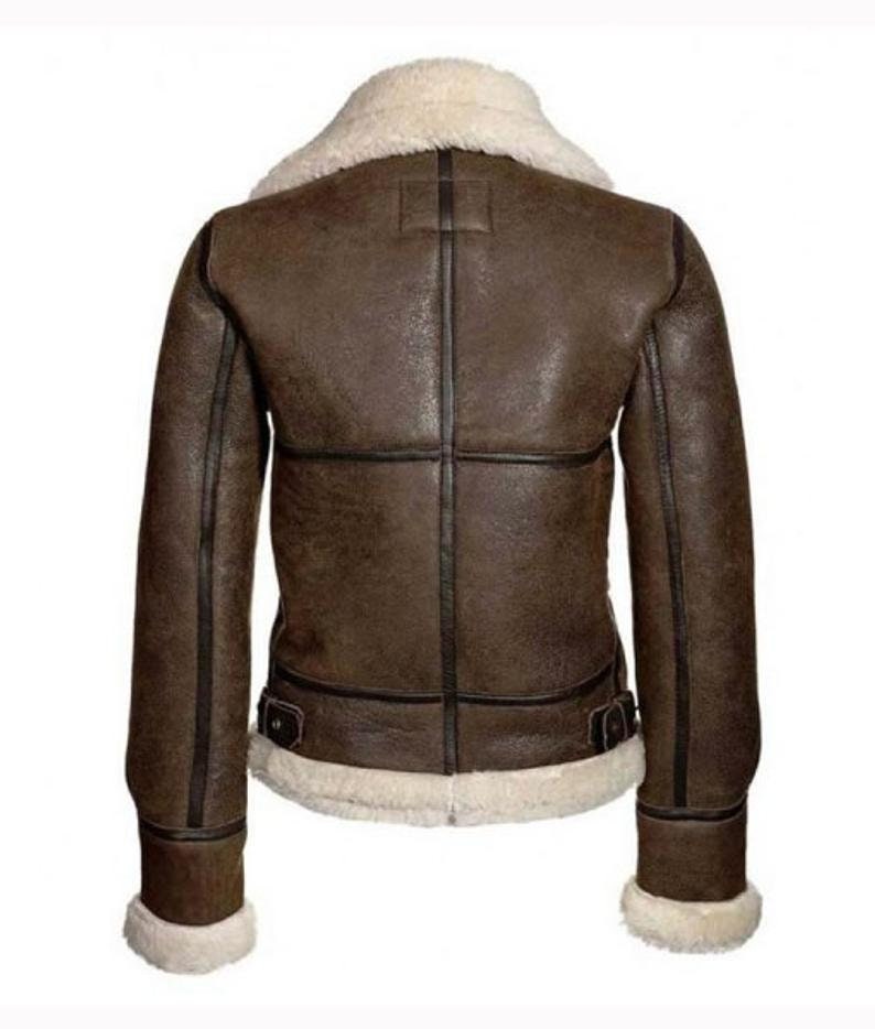 B3 Bomber Distressed Brown Aviator Shearling Sheepskin Motorcycle Women Leather Jacket With Faux Fur