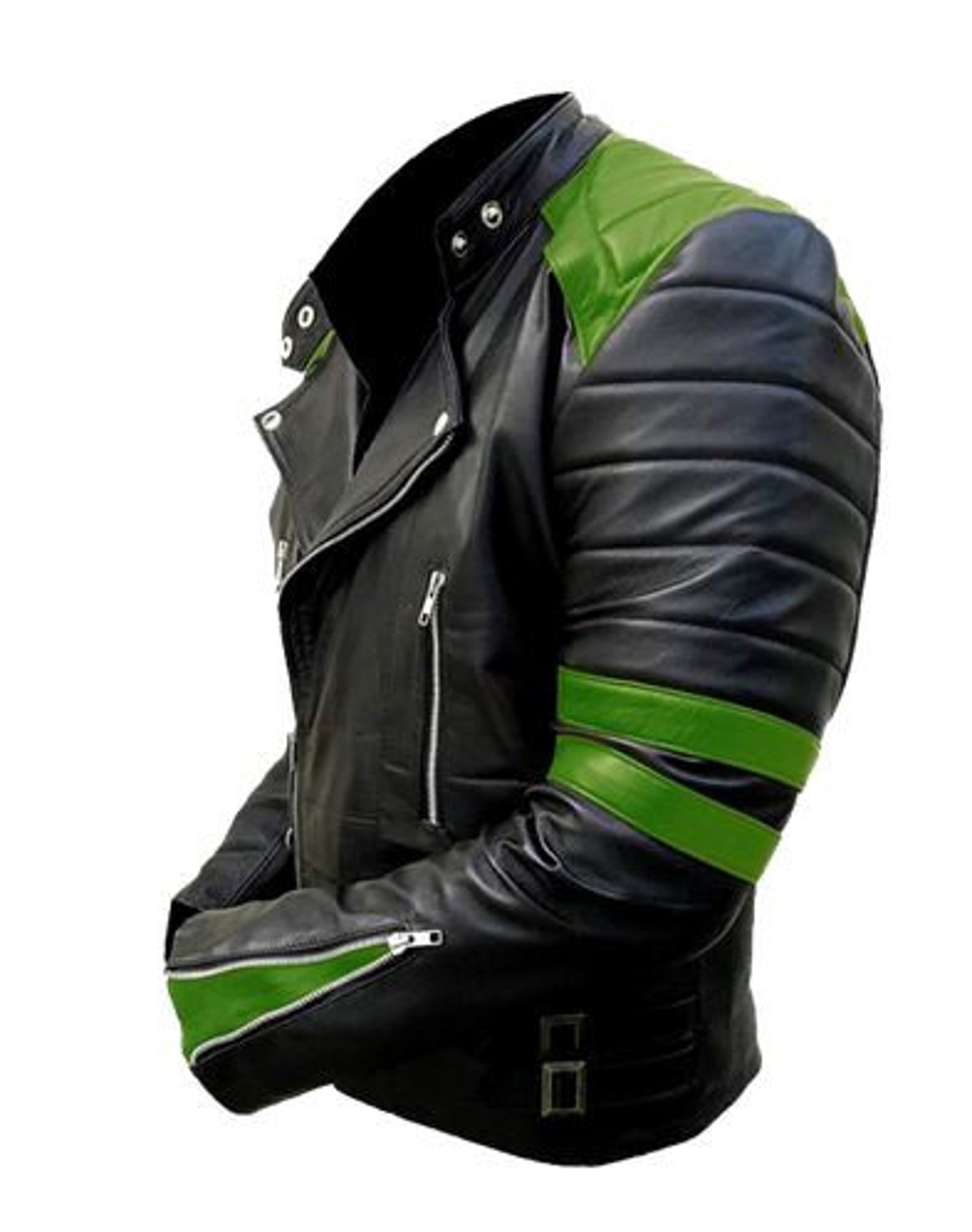 Mens Biker Motorcycle Slim Fit Black and Green Leather Jacket Etsy