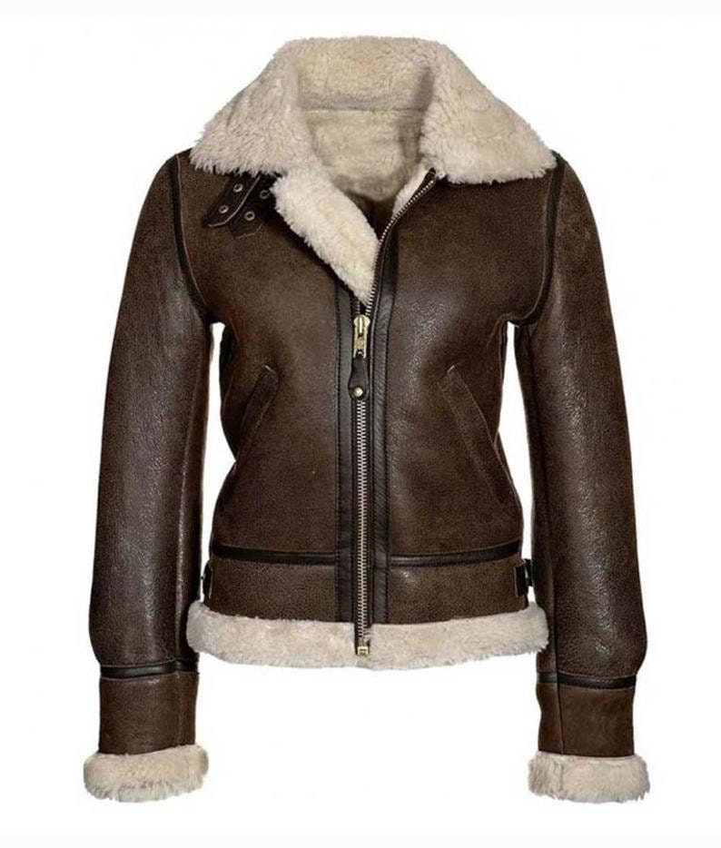 B3 Bomber Distressed Brown Aviator Shearling Sheepskin Motorcycle Women Leather Jacket With Faux Fur