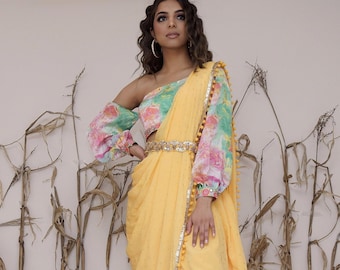 Fancy Crop Top with Dhoti Pants and Attached Dupatta Set for women Indo Western dress Party wear Indian Dress Dhoti saree set Designer sari