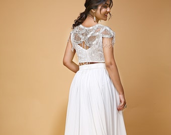 Ivory Two Piece Wedding Dress: Pleated High Low Skirt, Open Back Crop Top