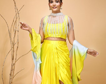 Conjunto de pantalón dhoti amarillo: top corto indo-occidental y dupatta con volantes