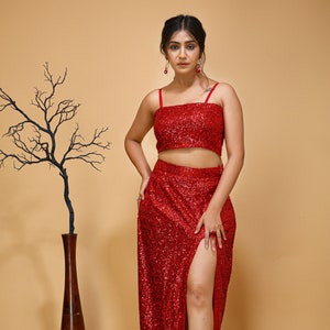 Red Sequin Slit Lehenga Choli: Indian Wedding Party Outfit