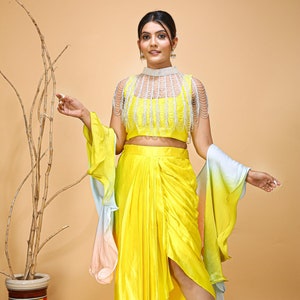 Yellow Dhoti Pant Set: Indo Western Crop Top, Ruffle Dupatta