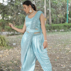 Sleevless Dhoti Saree with Shrug, Ready to wear saree, Indian Wedding Mehendi Sangeet Reception, Cocktail party Wear Dress, Prestiched Saree