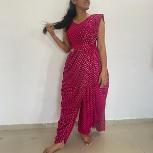 Pink Dhoti Pant Set: Indo Western Crop Top with Attached Dupatta