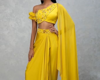 Glamorous Dhoti Saree With Embellished Belt, IndoWestern Dress, Indian Wedding Mehendi Sangeet party wear Dress,Indian Fusion Wear Crop top