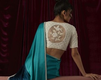 White Pearl Beaded Saree Blouse: Indian Bridal Crop Top