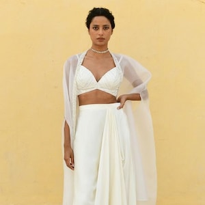 White Crop Top Dhoti Pant Set: Indo Western Party Dress