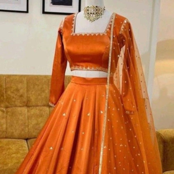 Rust Silk Lehenga choli dupatta Indian Designer lengha Custom Stiched made to order for women exclusive wedding party wear Designer choli 1