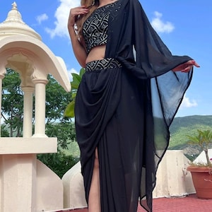 Indo Western Dhoti Pant Set: Crop Top with Attached Dupatta