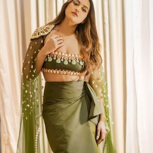 Sleevless Dhoti Saree with Shrug, Ready to wear saree, Indian Wedding Mehendi Sangeet Reception, Cocktail party Wear Dress, Prestiched Saree