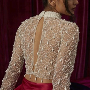 Ivory Beaded Saree Blouse: Bollywood Party Crop Top