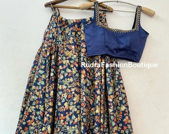 Blue Floral Printed Lehenga Choli: Custom Size Bridal Wedding Skirt