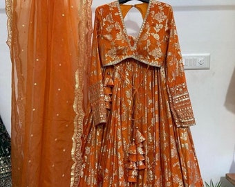 Rust Lehenga Choli with Embroidered Threadwork & Dupatta