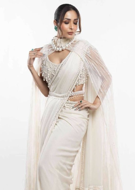 Buy White Saree With Embroidered Jacket Beaded Blouse: Bollywood