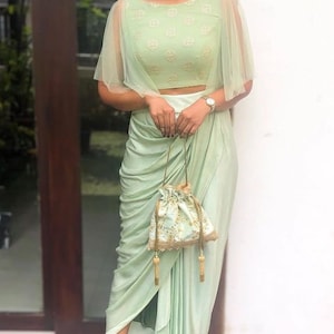 Pastel Crop Top with Dhoti Pants and Attached Dupatta Set for women Indo Western dress Party wear Indian Dress Dhoti saree set Designer sari