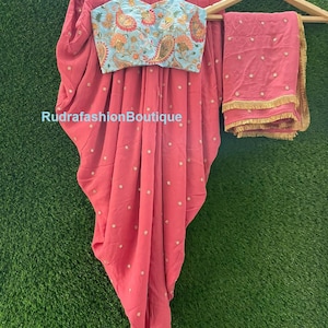 Peach Dhoti Pant Set: Indo Western Crop Top, Dupatta